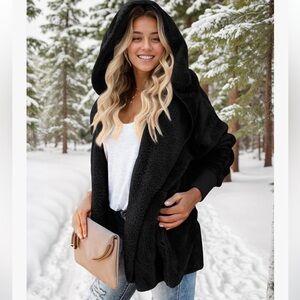 Black Sherpa faux fur hood sweater jacket cardigan coat fluffy winter warm cute